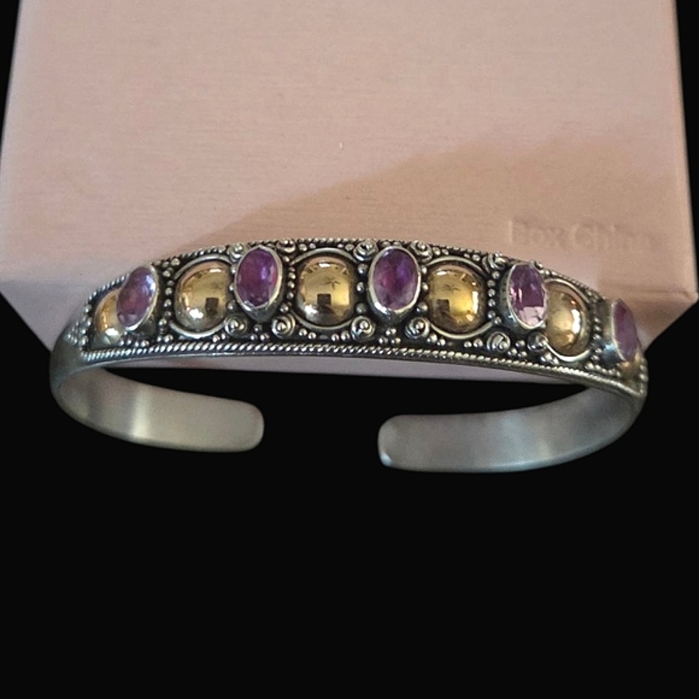 Vintage Sterling Silver Two Tone Cuff Bracelet with Bezel Set Amethyst Stones